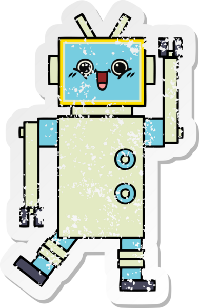 Bir insan tarafından çizilmiş sevimli bir robot çizgi film çıkartması.