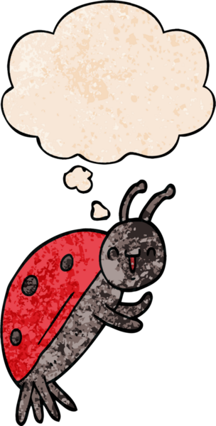 Bir insan tarafından çizilmiş grunge desenli düşünce baloncuğu olan sevimli bir uğur böceği çizgi filmi.