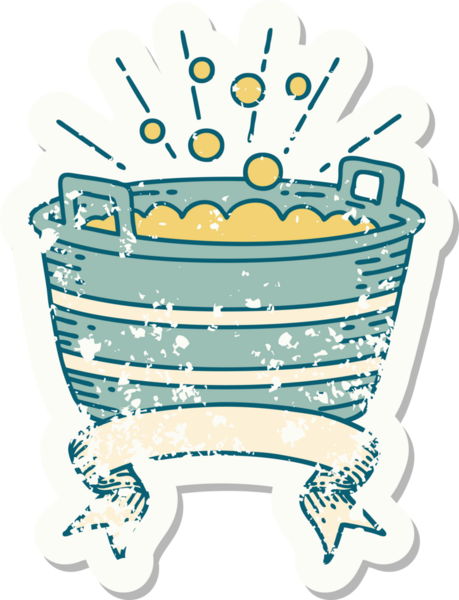 Bir insan tarafından çizilmiş dövme stili teneke bir banyonun eski etiketi.