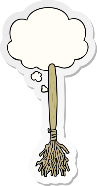 Düşünce baloncuklu sihirli süpürge insan tarafından çizilmiş bir çıkartma.