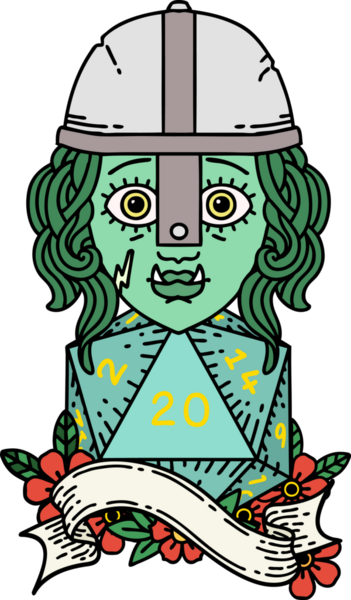 Retro Dövme Tarzı Yarı Ork Dövüşçüsü Bir insan tarafından çizilmiş doğal 20 zar ile