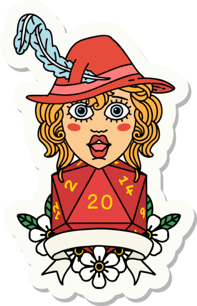 Bir insan ozan karakterinin çıkartması. Bir insan tarafından çizilmiş doğal 20 zar.