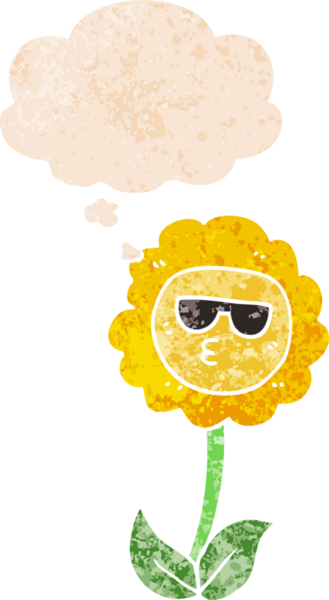 Düşünce baloncuğu ve grunge desenli karikatür çiçeği bir insan tarafından çizilmiş.