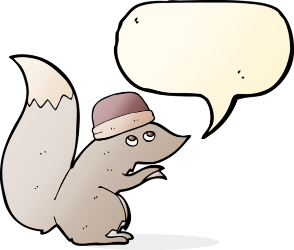 Bir insan tarafından çizilmiş, konuşma baloncuklu şapka takan bir sincap.