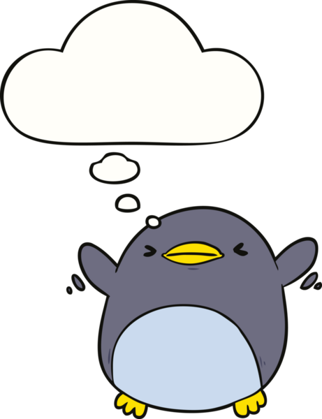 Bir insan tarafından çizilmiş düşünce baloncuğu olan kanat çırpan sevimli penguen.