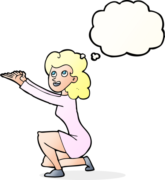 Bir insan tarafından çizilmiş düşünce kabarcığıyla sunum yapan karikatür kadını.