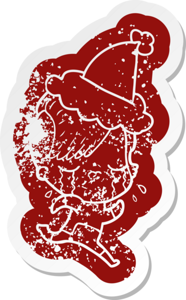 Uzay giysileri giyen, Noel Baba şapkası takan, ağlayan bir kızın sıkıntılı karikatürü.