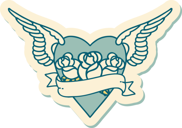 Geleneksel kalp stili dövme çıkartması. Kanatları, çiçekleri ve insan sancağıyla çizilmiş.