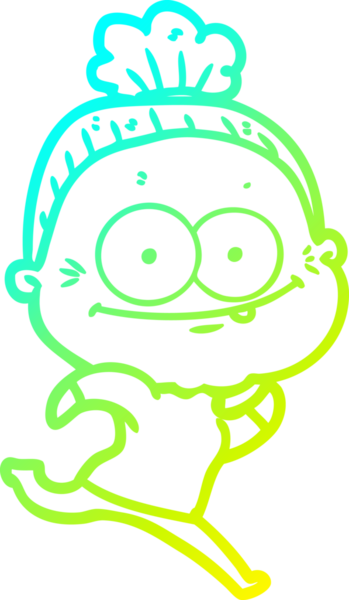 Bir insan tarafından çizilmiş, mutlu, yaşlı bir kadının çizimi.