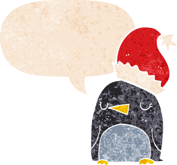 Hoş bir noel pengueni grunge 'da konuşma baloncuğu olan kederli eski moda bir insan tarafından çizilmiş.