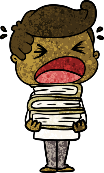 Bir insan tarafından çizilmiş kitap yığınıyla bağıran bir karikatür.