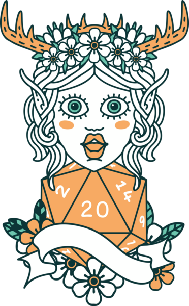 Retro Dövme Tarzı Elf Druid Bir insan tarafından çizilmiş doğal yirmi zar ile