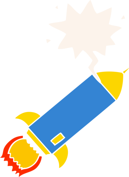 bir insan tarafından çizilmiş retro tarzı konuşma baloncuklu çizgi film roketi