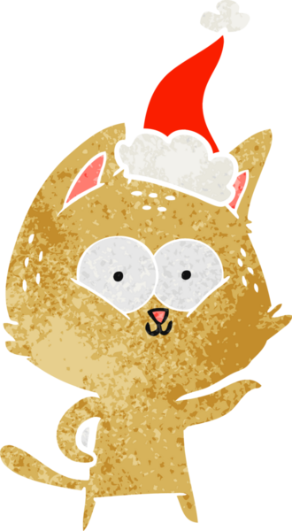 Bir insan tarafından çizilmiş Noel Baba şapkası takan bir kedinin retro karikatürü.