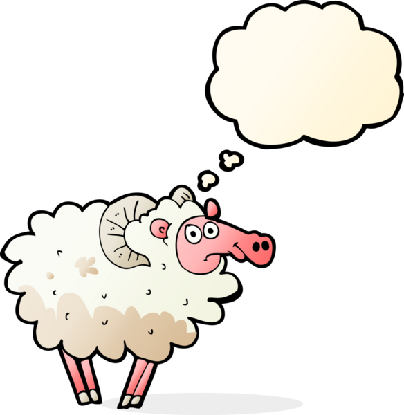 Bir insan tarafından çizilmiş düşünce balonlu pis koyunlar.