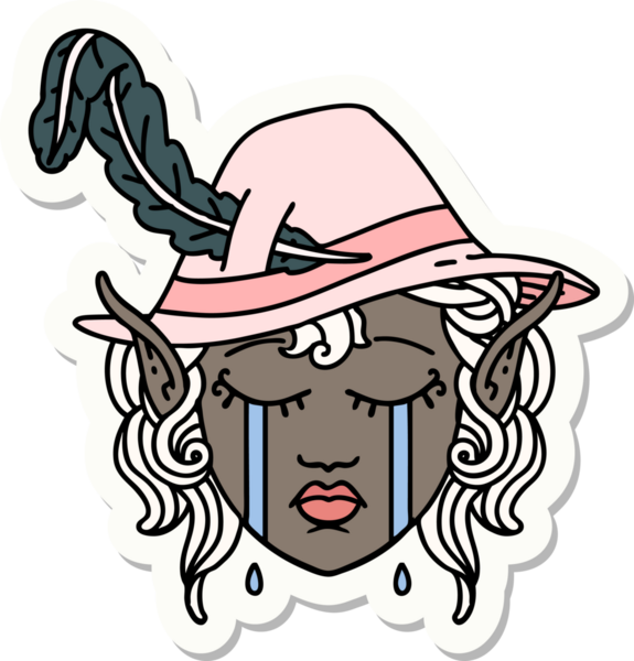 Bir insan tarafından çizilmiş ağlayan bir Elf Ozan karakterinin çıkartması.