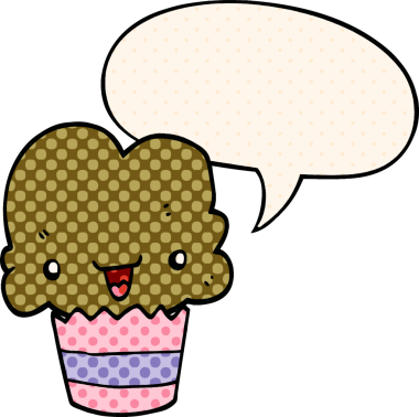 Bir insan tarafından çizilmiş, yüzünde konuşma balonu olan çizgi roman tarzı bir kek.