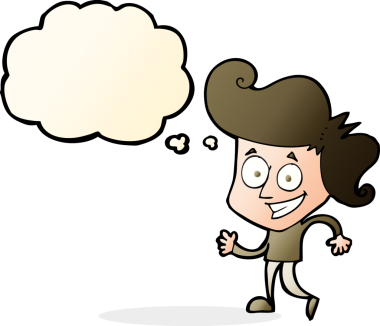 Bir insan tarafından çizilmiş düşünce baloncuğu ile sırıtan çizgi film adamı.