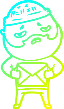 Bir insan tarafından çizilmiş sakallı, endişeli bir çizgi film çizimi.