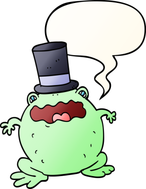 Çizgi film karakurbağası, konuşma baloncuklu silindir şapka takıyor.