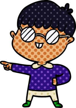 Bir insan tarafından çizilmiş gözlük takan çizgi film çocuğu.