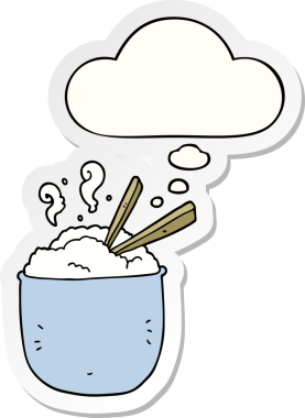 Düşünce baloncuklu pirinç kasesi insan tarafından çizilmiş bir çıkartma.