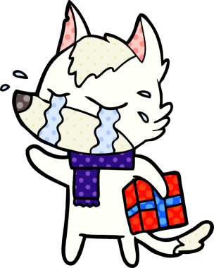 Bir insan tarafından çizilmiş Noel hediyeli ağlayan kurt çizgi filmi.