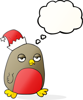 Bir insan tarafından çizilmiş Noel şapkası takan serbest çizim baloncuk karikatür robin.