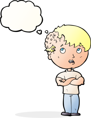 Kafasında bir insan tarafından çizilmiş düşünce balonuyla büyüyen çizgi film çocuğu.