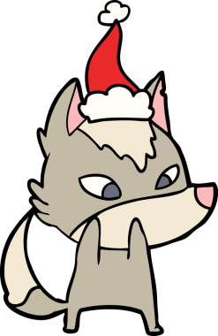 Utangaç el çizgisi, bir insan tarafından çizilmiş Noel Baba şapkası giyen bir kurt çizimi.