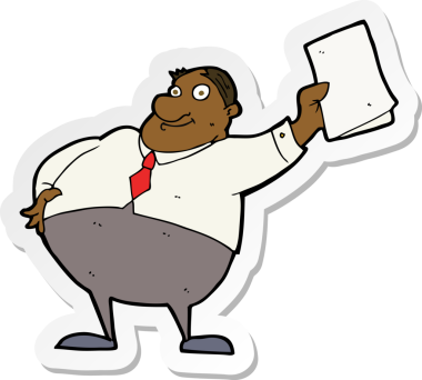 Bir insan tarafından çizilmiş kağıtları sallayan bir çizgi film patronunun çıkartması.