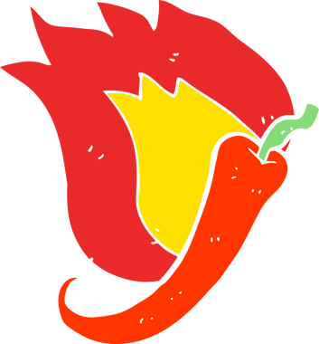 Bir insan tarafından çizilmiş alevli kırmızı biberin düz renk çizimi