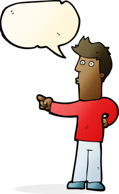 Bir insan tarafından çizilmiş bir konuşma balonuyla işaret eden çizgi film adamı.