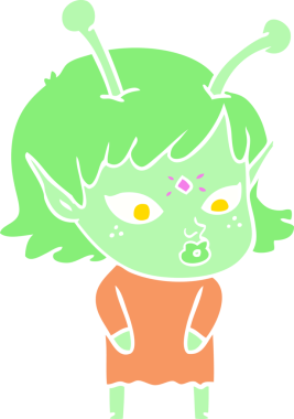 Bir insan tarafından çizilmiş düz renk çizgi film uzaylı kızı.