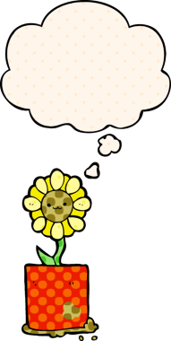 Bir insan tarafından çizilmiş çizgi roman tarzında düşünce baloncuğu olan sevimli bir karikatür çiçeği.