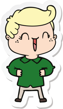 Bir insan tarafından çizilmiş kalçasında elleri olan gülen bir çocuğun çıkartması.