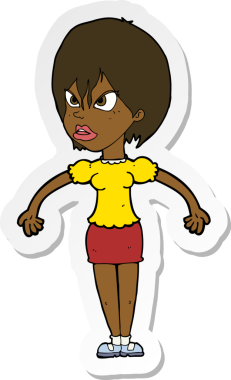 Çizgi film çıkartması. Bir insan tarafından çizilmiş rahatsız bir kadın.