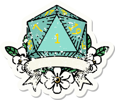 Bir insan tarafından çizilmiş doğal bir d20 zarının grunge çıkartması.