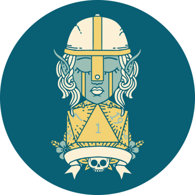 Retro Dövme Tarzı Ağlayan Elf Savaşçısı karakteri yüzü ve bir insan tarafından çizilmiş D20 rulosu.