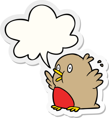 Bir insan tarafından çizilmiş konuşma balonu çıkartmalı heyecanlı robin üzerine çizgi film.