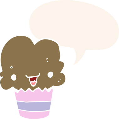 Bir insan tarafından çizilmiş, yüzü konuşma baloncuğu olan çizgi film keki.