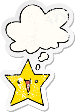 Düşünce baloncuğu olan bir çizgi film yıldızı bir insan tarafından çizilmiş yıpranmış bir çıkartma gibi.