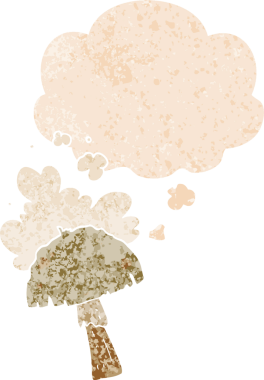 Spor bulutlu çizgi film mantarı. Grunge 'da düşünce baloncuğu var. İnsan tarafından çizilmiş eskimiş desenli.