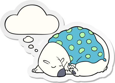 Karikatür kutup ayısı insan tarafından çizilmiş bir çıkartma gibi düşünce baloncuğuyla uyuyor.