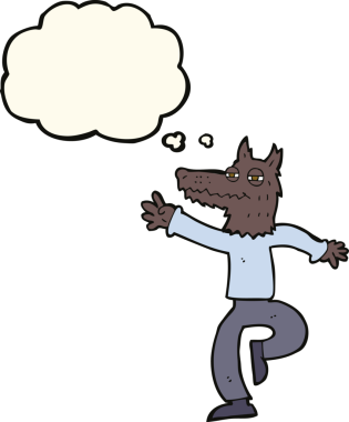 Bir insan tarafından çizilmiş düşünce balonlu mutlu kurt adam çizgi filmi.