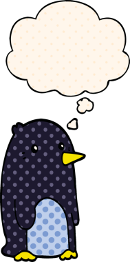 Çizgi roman tarzında bir insan tarafından çizilmiş düşünce baloncuğu olan penguen.