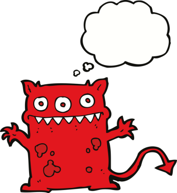 Bir insan tarafından çizilmiş düşünce balonu olan küçük bir canavar.