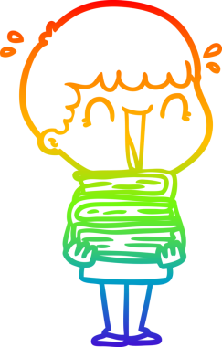 Gökkuşağı gradyan çizgisi gülen bir çizgi film adamının elinde bir insan tarafından çizilmiş kitap yığınını taşıyor.