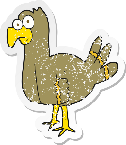 Bir insan tarafından çizilmiş karikatür kuşunun gerilmiş çıkartması.