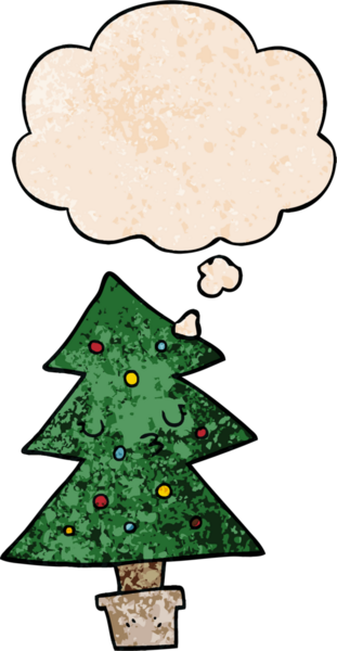 Bir insan tarafından çizilmiş grunge desenli düşünce baloncuğu olan çizgi film Noel ağacı.